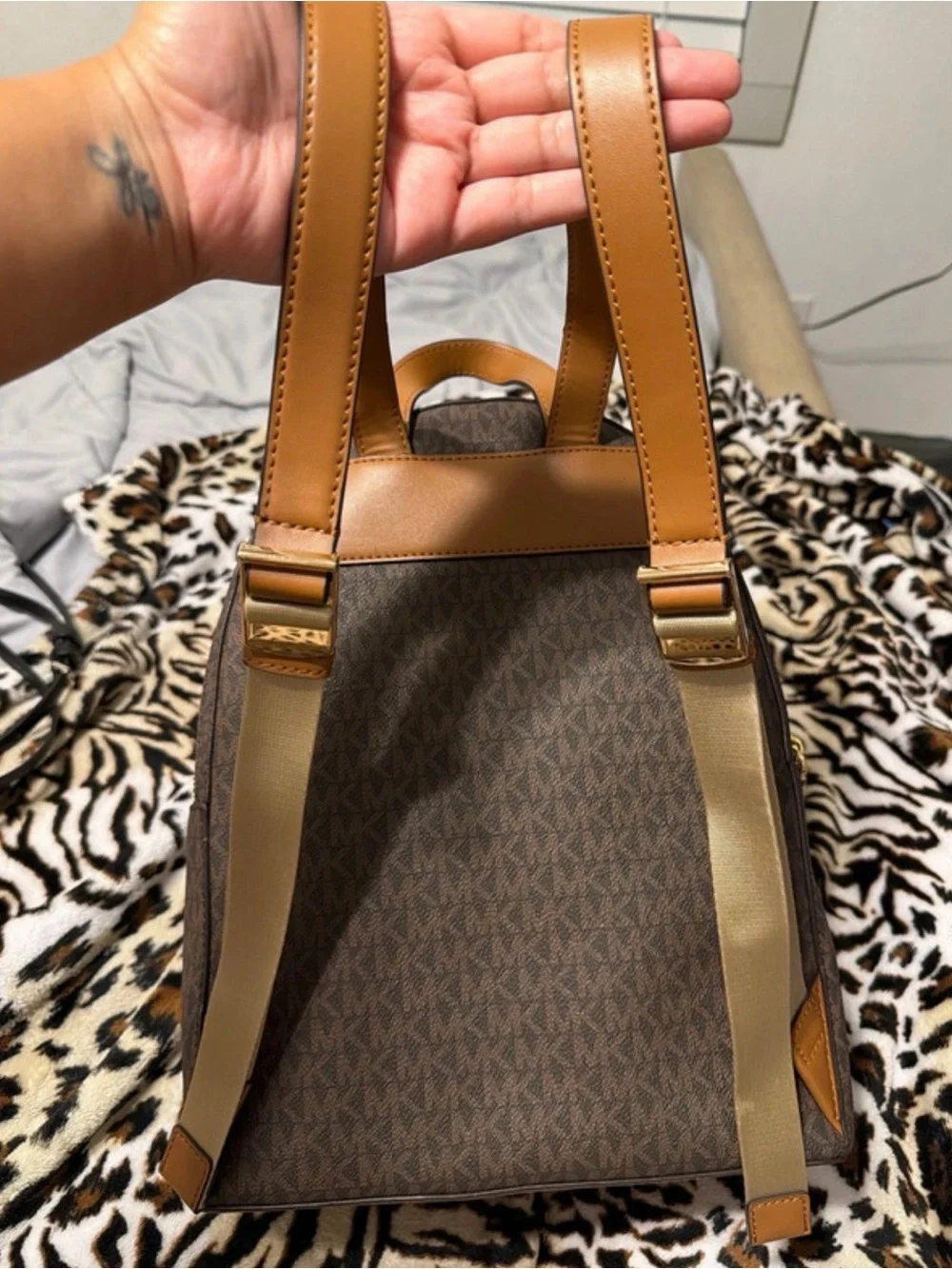 Michael Kors Brown Monogram Backpack with Tan Trim and Gold Hardware